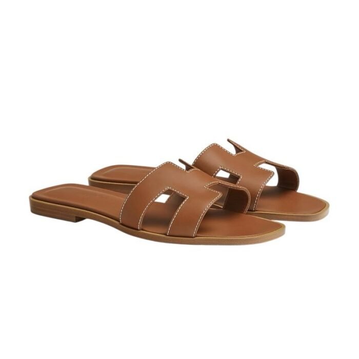 Hermes Brown Leather Oran FlatSandals - Image 2