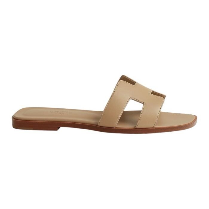 Hermes Light Brown Leather Oran Flat Slides - Image 1